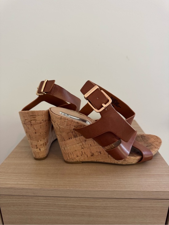 INC International Concepts Shoes - INC International Concepts Brown Leather Cork Wedge Sandals with Gold Buckles